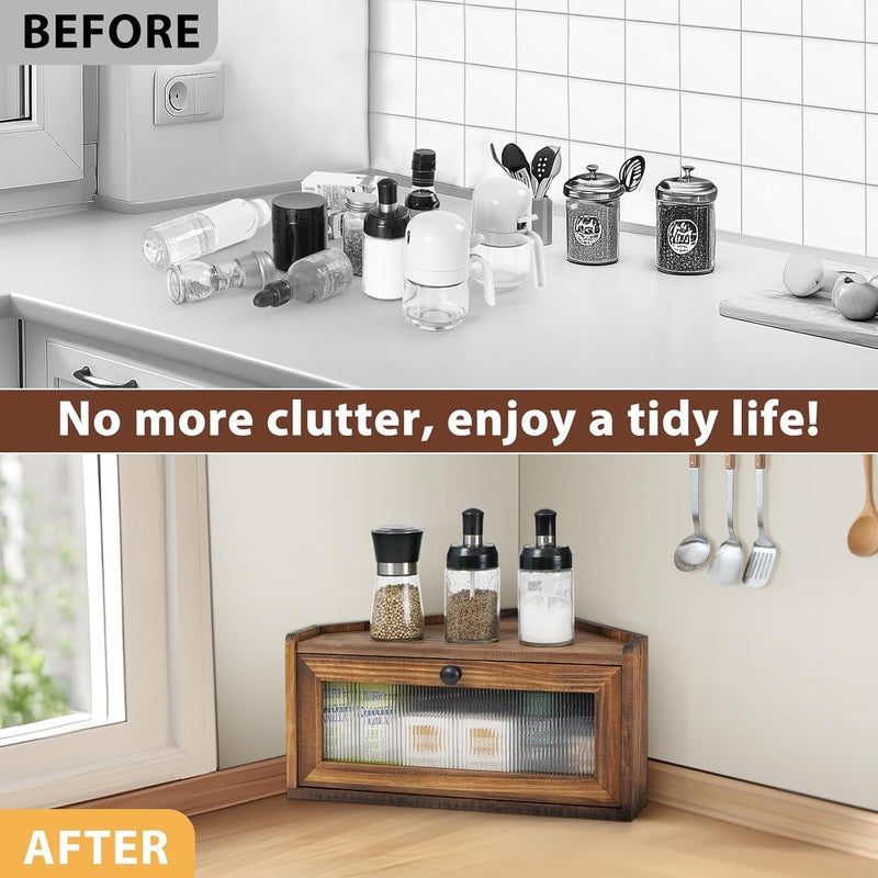 Sunhoo Bread Box for Kitchen Countertop Wooden Corner Breadbox Counter Food Storage Bin Container Farmhouse Rustic Homemade Bread Fresh Keeper Organizer Holder Vintage Stackable with Window (Brown) - Image 5